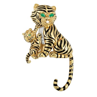 Lot 340 - Gold, Enamel and Diamond Tiger Clip-Brooch