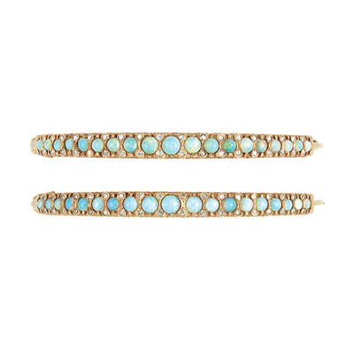 Lot 235 - Pair of Gold, Opal and Diamond Bangle Bracelets