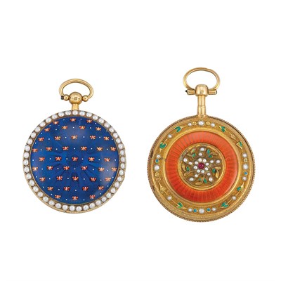Lot 166 - Two Antique Gold, Enamel and Split Pearl Pendant-Watches