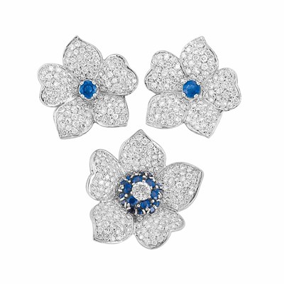 Lot 263 - Pair of White Gold, Diamond and Sapphire Flower Earrings and Brooch