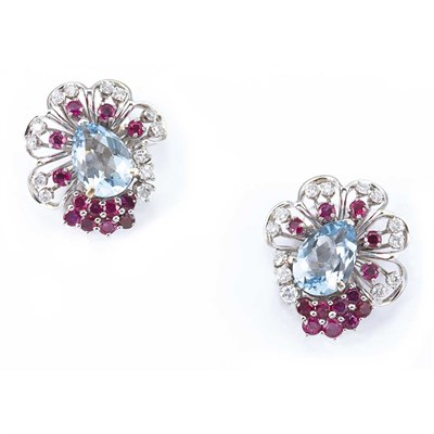 Lot 146 - Pair of White Gold, Aquamarine, Ruby and Diamond Earclips