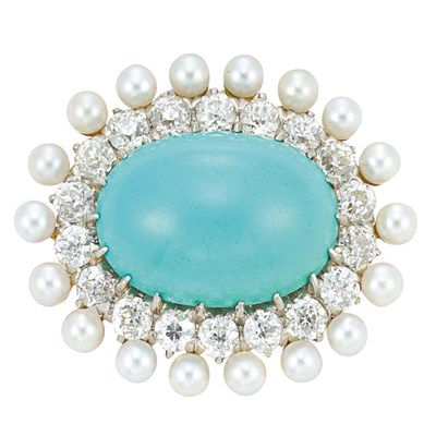 Lot 168 - Antique Gold, Platinum, Turquoise, Diamond and Pearl Brooch