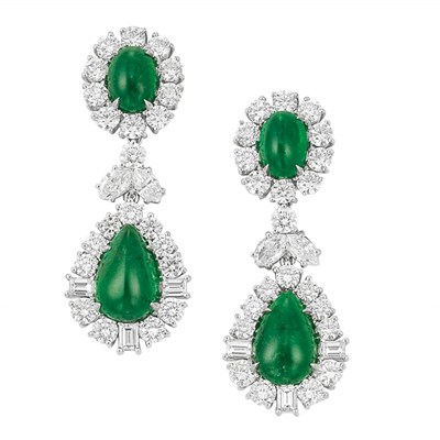 Lot 506 - Pair of White Gold, Diamond and Cabochon Emerald Pendant-Earrings