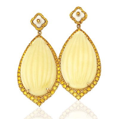 Lot 1004 - Bochic Pair of Gold, Fluted Amber and White Resin and Yellow Diamond Pendant-Earrings