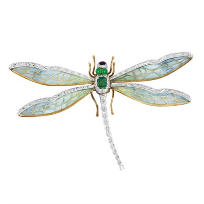Lot 245 - Two-Color Gold, Diamond, Emerald and Plique-a-Jour Enamel Dragonfly Brooch