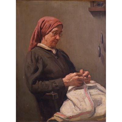 Lot 75 - European School 20th Century Woman Sewing Oil...