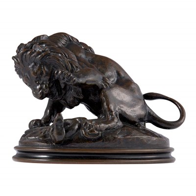 Lot 438 - Bronze Group of a Lion Attacking a Serpent...