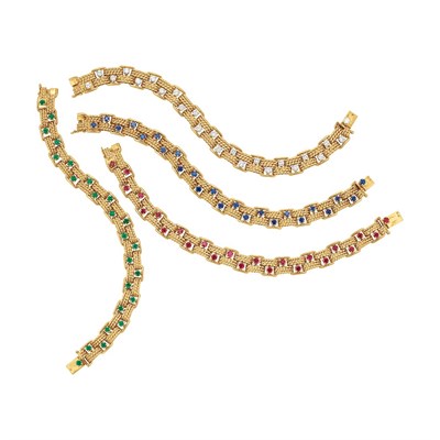 Lot 554 - Four Gold, Colored Stone and Diamond Bracelets, Boucheron