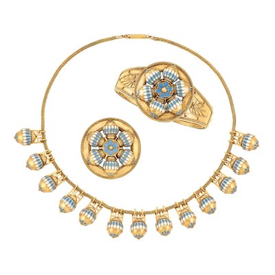 Lot 388 - Etruscan Revival Gold and Blue and White Enamel Fringe Necklace, Bangle Bracelet and Brooch, Carlo Giuliano