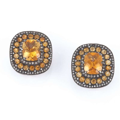 Lot 114 - Pair of Blackened Silver, Gold, Citrine and Diamond Earclips, Fred Leighton