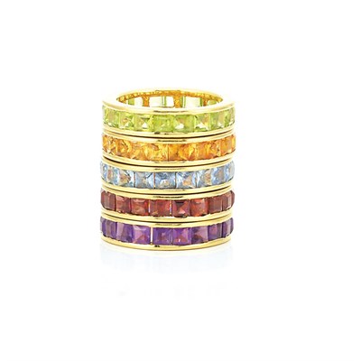 Lot 107 - Five Gold and Gem-Set Band Rings