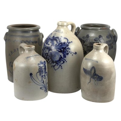 Lot 198 - Group of Five Cobalt Decorated Salt Glazed...