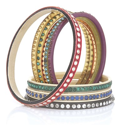 Lot 8 - Nine Celluloid Bangle Bracelets with Multicolored Rhinestones