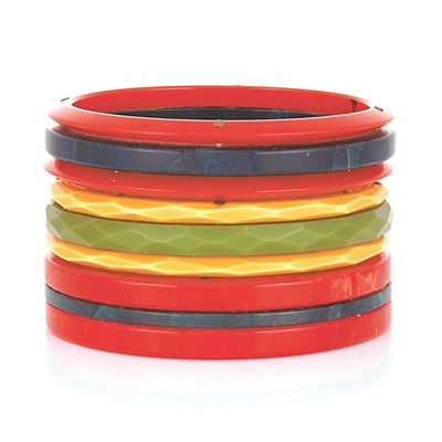 Lot 99 - Three Sandwiched Bakelite and Celluloid Bangle Bracelets