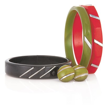 Lot 28 - Three Bakelite Bangle Bracelets & One Pair of Earclips