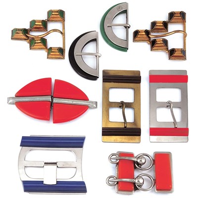 Lot 57 - Nine Chrome, Bakelite and Celluloid Belt Buckles
