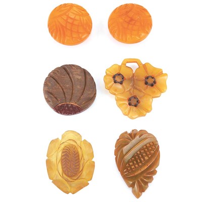 Lot 62 - Three Bakelite Clips, One Brooch and Pair of Earclips