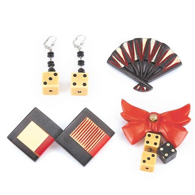 Lot 64 - Three Bakelite Brooches & Pair of Dice Earrings