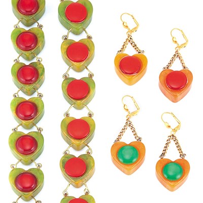 Lot 94 - Pair of Bakelite Heart Bracelets and Two Pairs of Pendant-Earrings
