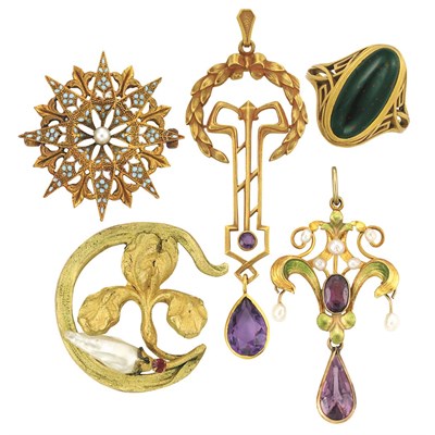 Lot 187 - Group of Antique Gold, Gem-Set and Enamel Jewelry