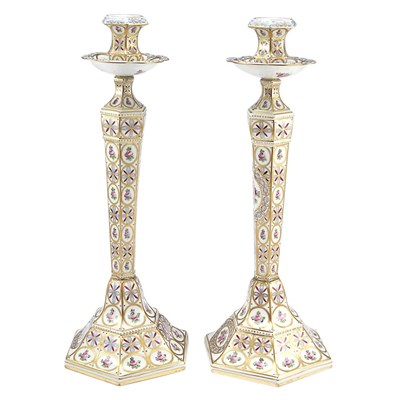 Lot 104 - Pair of Sevres Style Porcelain Candlesticks...