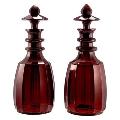 Lot 131 - Pair of Bohemian Style Ruby Glass Decanters...
