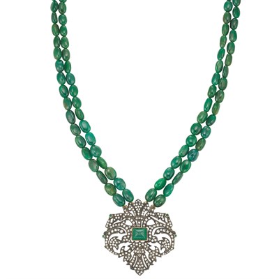 Lot 179 - Double Strand Tumbled Emerald Bead, Silver, Gold, Diamond and Emerald Pendant-Necklace