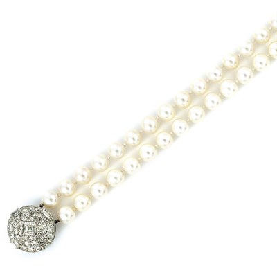 Lot 102 - Double Strand Cultured Pearl Bracelet with Diamond Clasp