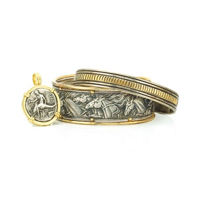 Lot 160 - Two Sterling Silver and Gold Bangle Bracelets and Pendant