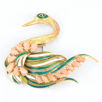 Lot 163 - Gold, Coral and Enamel Swan Clip-Brooch