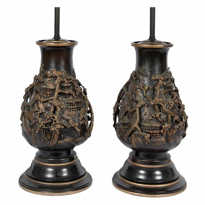 Lot 395 - Pair of Japanese Bronze Lamps Modern Each of...