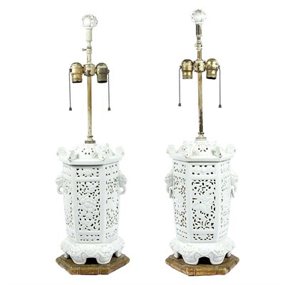 Lot 393 - Pair of Chinese Clear Glazed Porcelain Lamps...
