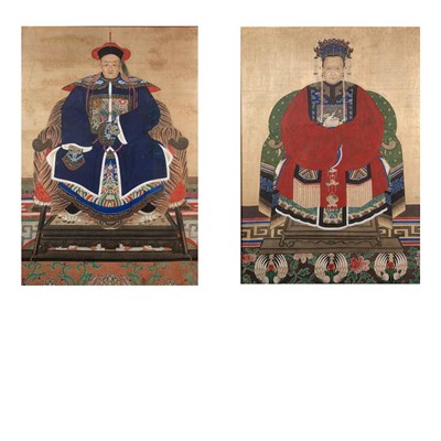 Lot 413 - Pair of Framed Chinese Ancestral Portraits...