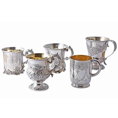Lot 311 - Group of Five English Silver Mugs Various...