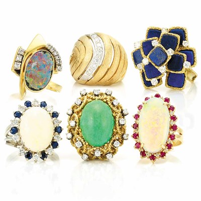 Lot 133 - Six Gold, Diamond, Hardstone and Opal Rings