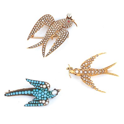 Lot 190 - Three Antique Gold, Silver, Split Pearl, Turquoise and Diamond Swallow Pins