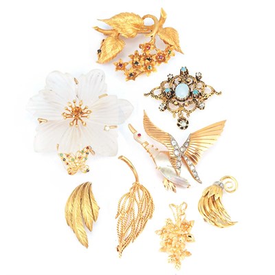 Lot 127 - Six Gold, Diamond and Gem-Set Brooches and One Pendant