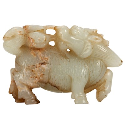Lot 279 - Chinese Celadon Jade Qilin Carved with the...