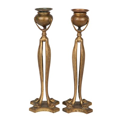 Lot 1335 - Pair of Tiffany Studios Bronze Candlesticks...