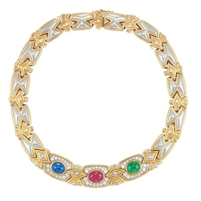 Lot 134 - Two-Color Gold, Cabochon Colored Stone and Diamond Necklace