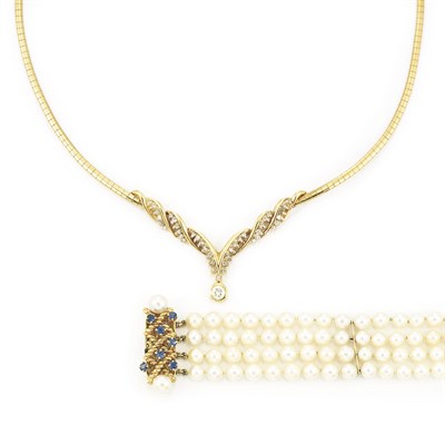 Lot 279 - Gold and Diamond Necklace and Four Strand Cultured Pearl and Sapphire Bracelet