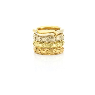 Lot 800 - Three Tricolor Gold Band Rings, Mish, and Gold Ring, Cartier