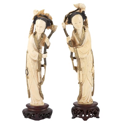 Lot 93 - Pair of Chinese Ivory Figures of Maidens 18th...