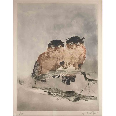 Lot 84 - Kaiko Moti [TWO OWLS] Color aquatint, signed...