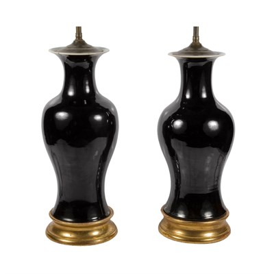 Lot 344 - Pair of Chinese Black Glazed Porcelain Lamps...