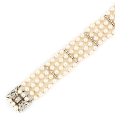 Lot 118 - Four Strand Cultured Pearl and Diamond Bracelet