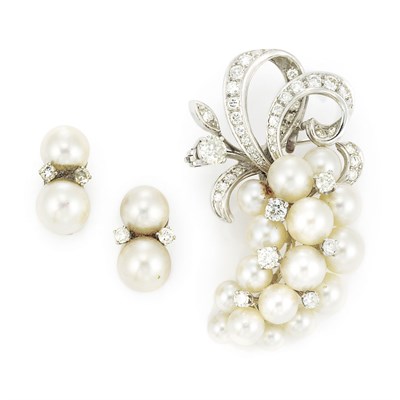 Lot 860 - Cultured Pearl and Diamond Brooch and Pair of Earrings