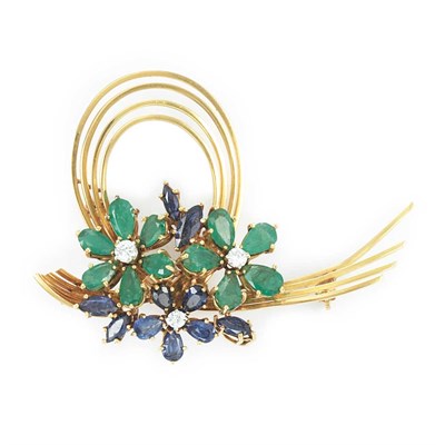 Lot 331 - Gold, Emerald, Sapphire and Diamond Flower Brooch