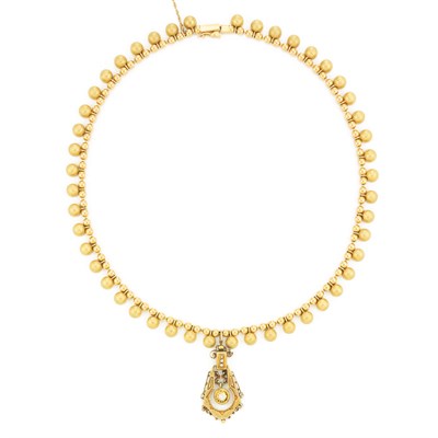 Lot 637 - Two-Color Gold Fringe Necklace with Gold and Diamond Pendant