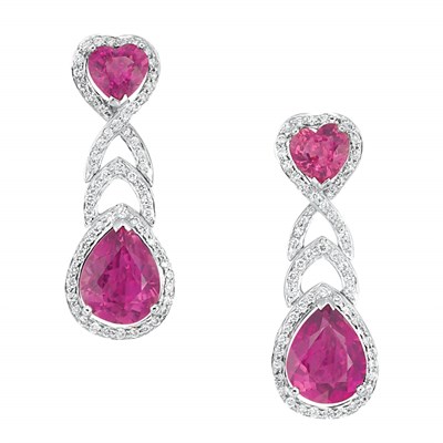Lot 850 - Pair of White Gold, Pink Tourmaline and Diamond Pendant-Earrings
